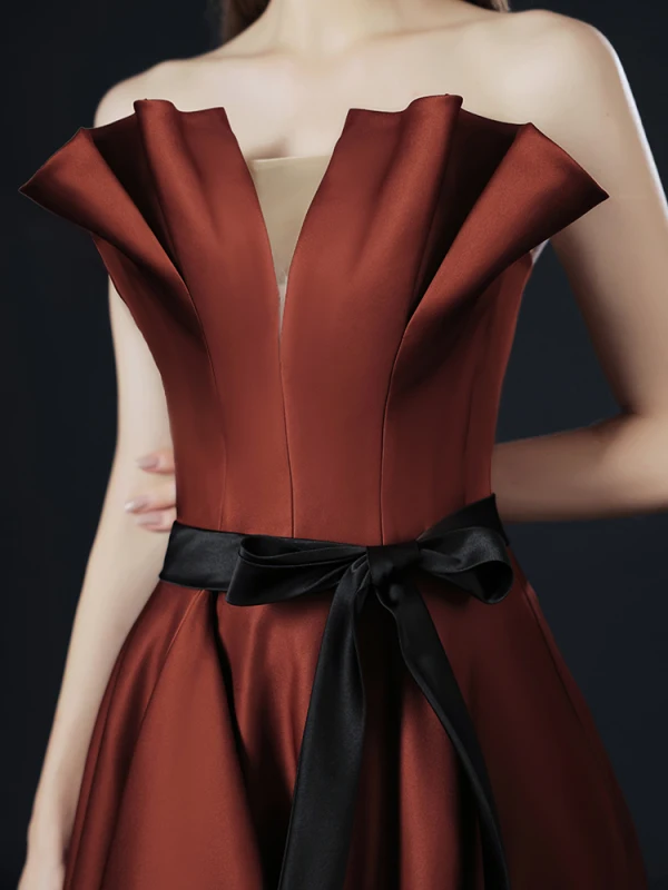 High Low Asymmetrical Brown Evening Dresses 2021 Crossed Straps Ruffle Solid Color Satin