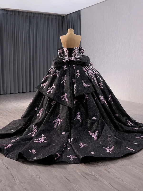 Vintage / Retro High-end Black Handmade  Beading Prom Dresses 2024 Ball Gown Off-The-Shoulder Short Sleeve Backless Bow Court Train Prom Formal Dresses