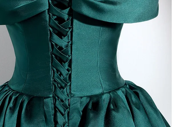 slim fit dress slacks Short Green Satin Prom Dresses Off Shoulder with Lace Flowers Beaded main image 1
