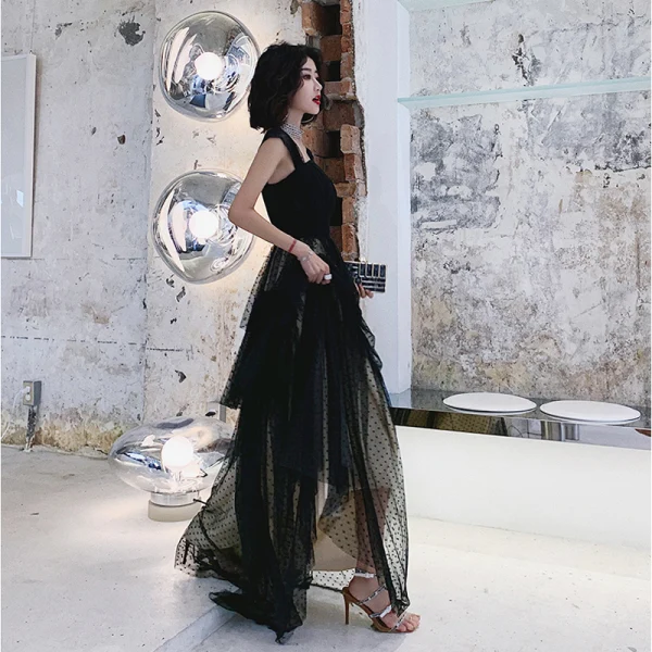 Chic / Beautiful Black Spotted Prom Dresses 2022 A-Line / Princess Square Neckline Sleeveless Backless Floor-Length / Long Prom Formal Dresses