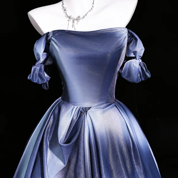 Dazzling Navy Blue Ball Gown Prom Dresses 2026 Off-The-Shoulder Short Sleeve Backless Floor-Length / Long Formal Dresses
