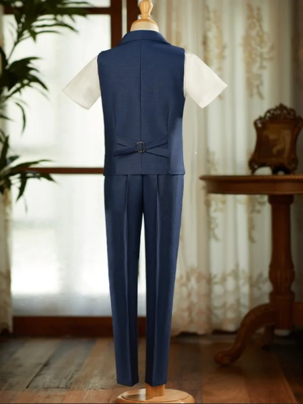 Bleu Marine 4 pièces Manches Courtes Costume Garçon Mariage 2025 Pantalon Chemise Cravate Gilet