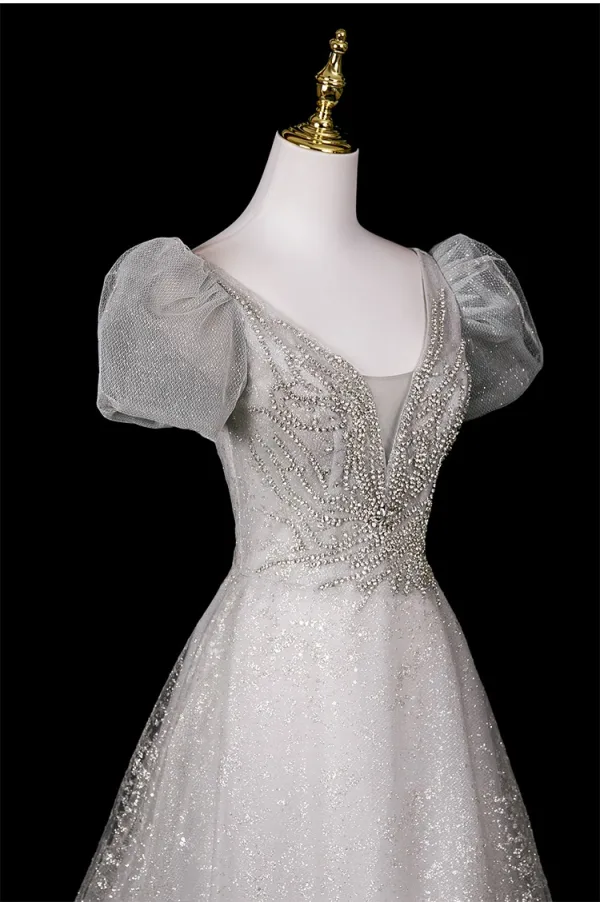 Bling Bling Gris Paillettes Faux Diamant Robe De Bal 2025 Princesse V-Cou Manches Courtes Dos Nu Longue Robe De Ceremonie