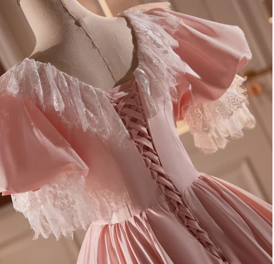 Vintage / Retro Medieval Blushing Pink Prom Dresses 2024 Ball Gown V-Neck Bow Short Sleeve Backless Floor-Length / Long Prom Formal Dresses