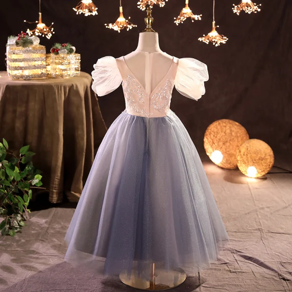 Chic / Beautiful Sky Blue Sequins Flower Girl Dresses 2022 A-Line / Princess Scoop Neck Puffy Short Sleeve Floor-Length / Long Prom Flower Girl Dresses