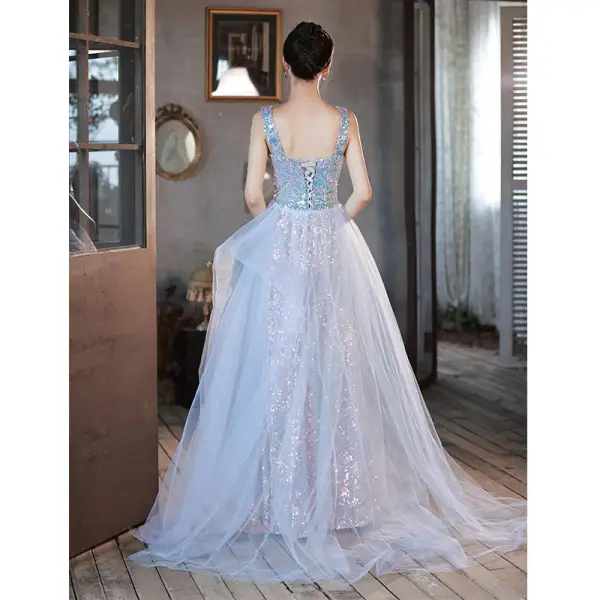 Scintillantes Bleu Ciel Multi-Couleurs Paillettes Robe De Soirée 2022 Trompette / Sirène Encolure Carrée Sans Manches Dos Nu Train De Balayage Soirée Robe De Ceremonie