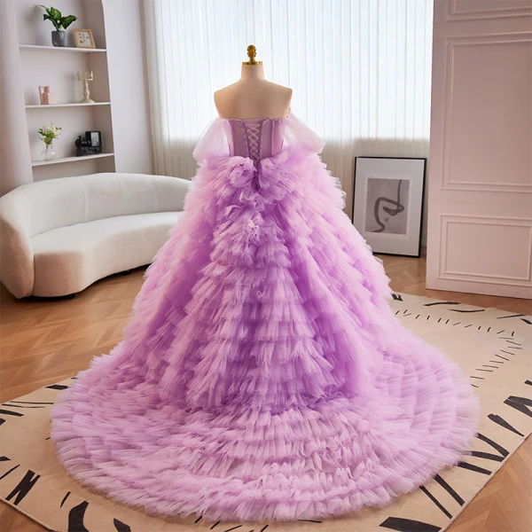 Charming Lavender Cascading Ruffles Pearl Prom Dresses 2023 Ball Gown Off-The-Shoulder Short Sleeve Backless Court Train Prom Formal Dresses