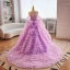 Charming Lavender Cascading Ruffles Pearl Prom Dresses 2023 Ball Gown Off-The-Shoulder Short Sleeve Backless Court Train Prom Formal Dresses