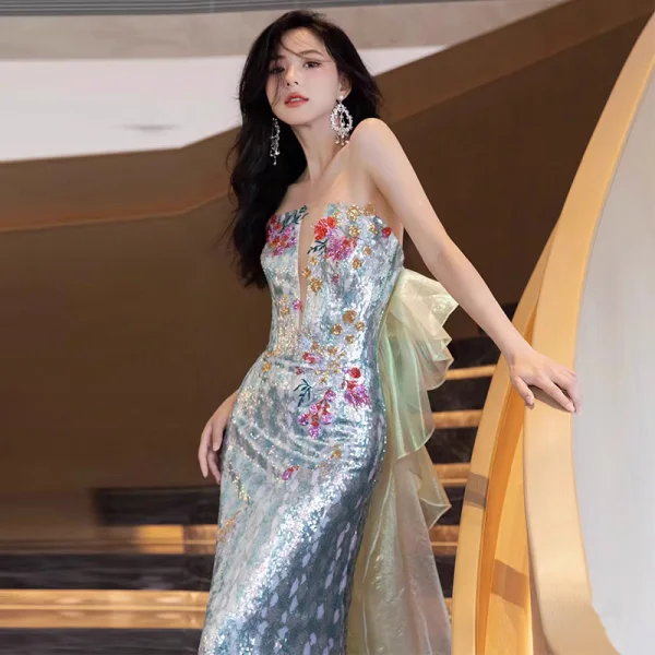 Scintillantes Multi-Couleurs Paillettes Robe De Soirée 2023 Trompette / Sirène Bustier Sans Manches Dos Nu Soirée Longue Robe De Ceremonie