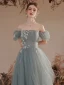 Chic / Beautiful Sage Green Sequins Prom Dresses 2023 A-Line / Princess Square Neckline Short Sleeve Backless Floor-Length / Long Prom Formal Dresses