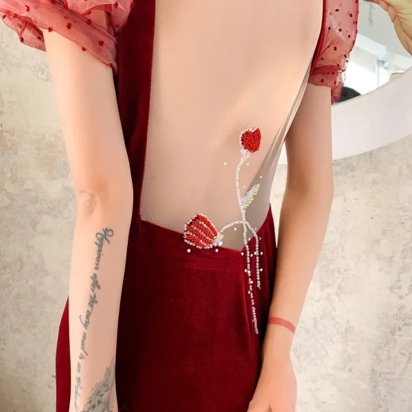 Elegant Burgundy Beading Velvet Evening Dresses 2023 Trumpet / Mermaid Scoop Neck Zipper Up at Side Puffy Short Sleeve Backless Floor-Length / Long Prom Formal Dresses