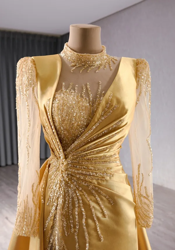 High-end Vintage / Retro Gold Sequins Trumpet / Mermaid Prom Dresses 2024 High Neck Long Sleeve Backless Sweep Train Prom Formal Dresses