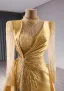 High-end Vintage / Retro Gold Sequins Trumpet / Mermaid Prom Dresses 2024 High Neck Long Sleeve Backless Sweep Train Prom Formal Dresses