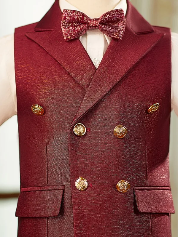 Burgundy Short Sleeve 4-piece Boys Wedding Suits 2025 Pants Shirt Tie Vest