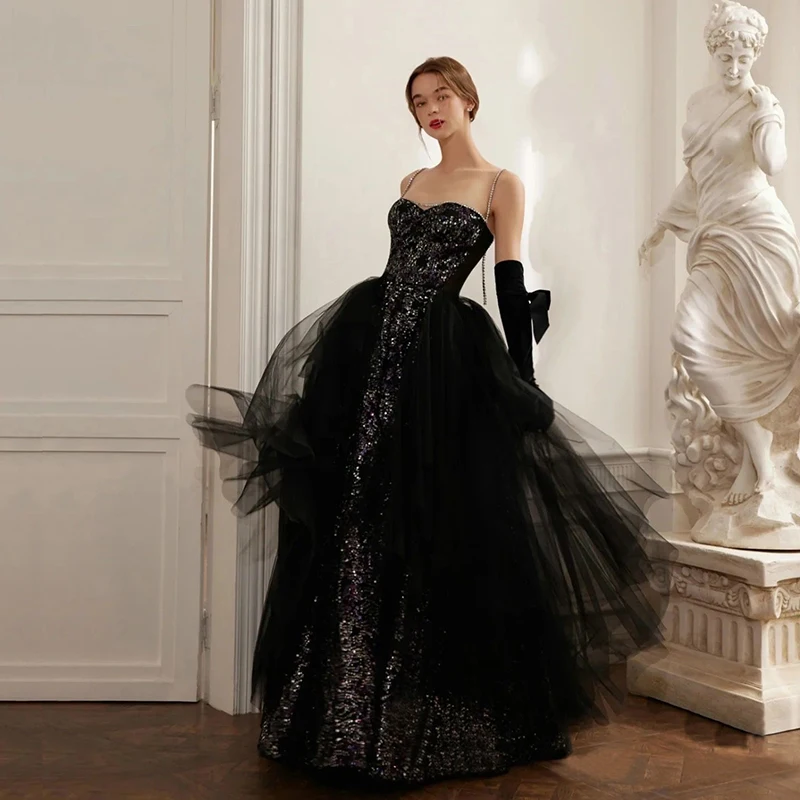 Sexy Black Rhinestone Sequins Prom Dresses 2023 A-Line Princess Spaghetti Straps Long Sexy Black Rhinestone Sequins Prom Dresses 2023 A-Line Princess Spaghetti Straps Long
