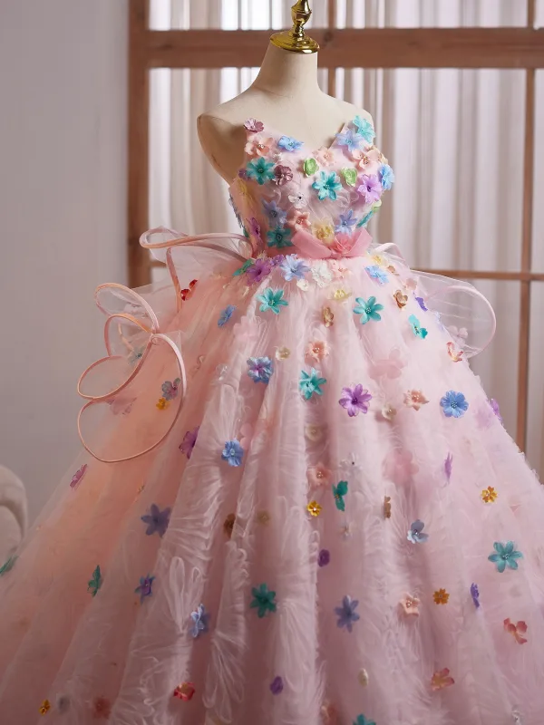 Blumenfee Rosa Multifarben Applikationen Geburtstag Ballkleider 2025 Ballkleid Bandeau Ärmellos Rückenfreies Sweep / Pinsel Zug Festliche Kleider