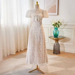 Chinese Style White Lace Flower Prom Dresses 2023 A Line Princess High Neck Pearl Bow Short Sleeve Backless Tea Length Prom Formal Dresses