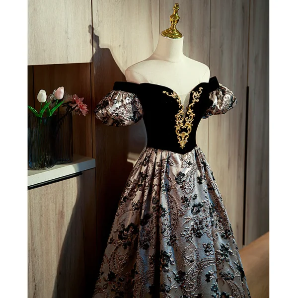 Chic / Beautiful Black Printing Prom Dresses 2022 A-Line / Princess Off-The-Shoulder Puffy Short Sleeve Backless Floor-Length / Long Formal Dresses