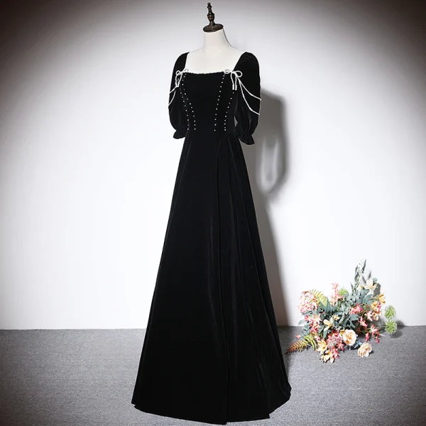 Elegant Black Pearl Evening Dresses 2023 A-Line / Princess Square Neckline Short Sleeve Backless Floor-Length / Long Evening Party Formal Dresses