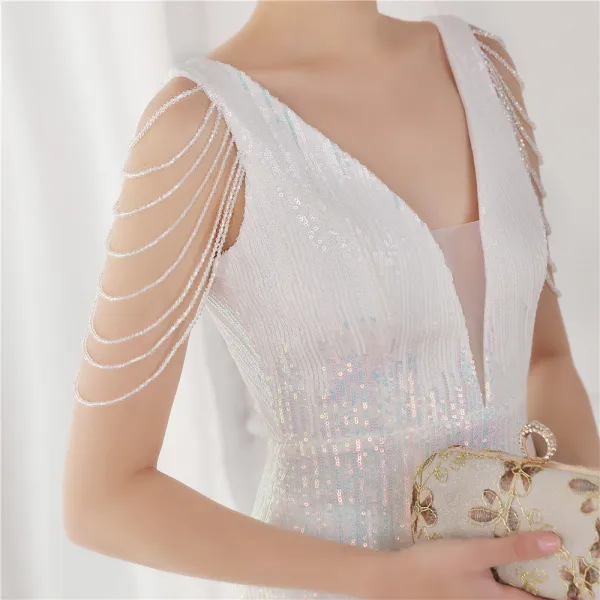 Scintillantes Blanche Paillettes Robe De Soirée 2022 Trompette / Sirène V-Cou Perlage Gland Sans Manches Dos Nu Longue Soirée Robe De Ceremonie