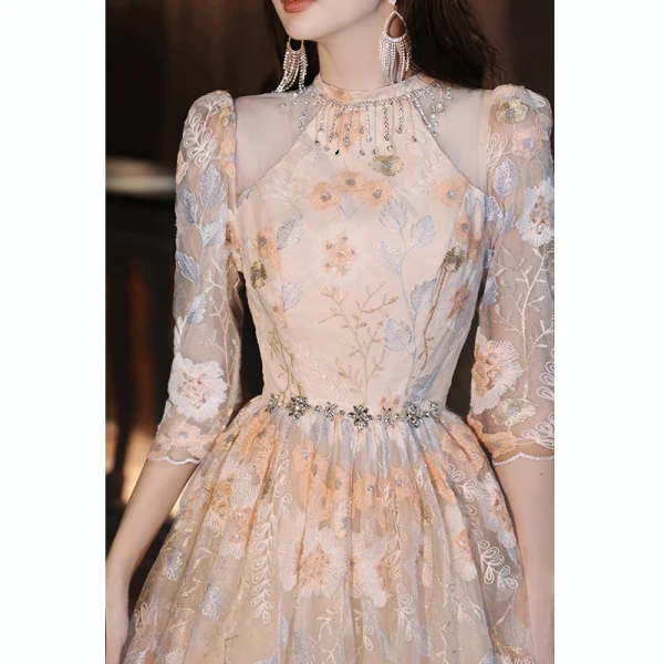 Chic / Beautiful Champagne Sequins Lace Flower Prom Dresses 2024 A-Line / Princess Scoop Neck 3/4 Sleeve Floor-Length / Long Prom Formal Dresses