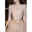 Chic / Beautiful Champagne Sequins Lace Flower Prom Dresses 2024 A-Line / Princess Scoop Neck 3/4 Sleeve Floor-Length / Long Prom Formal Dresses