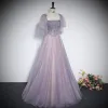 Chic / Beautiful Lavender Beading Sequins Prom Dresses 2023 A-Line / Princess Square Neckline Short Sleeve Backless Floor-Length / Long Prom Formal Dresses