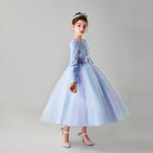 Chic / Beautiful Sky Blue Birthday Sequins Flower Girl Dresses 2023 A-Line / Princess Scoop Neck Bow Sash Long Sleeve Floor-Length / Long Flower Girl Dresses
