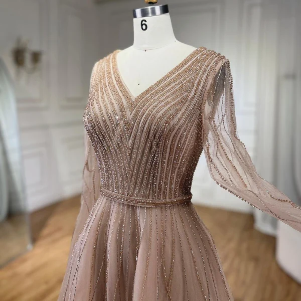 High-end Royal Blue Handmade  Beading Prom Dresses 2024 A-Line / Princess V-Neck Long Sleeve Floor-Length / Long Prom Formal Dresses