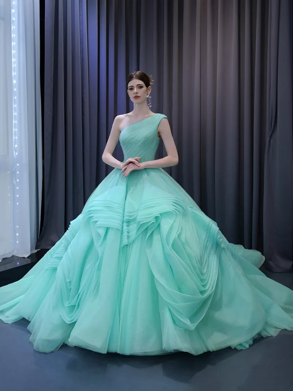 High-end Mint Green Cascading Ruffles Prom Dresses 2024 Ball Gown One-Shoulder Sleeveless Backless Court Train Prom Formal Dresses