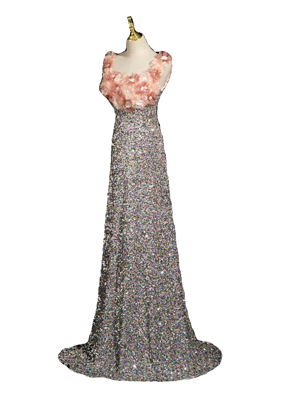 Scintillantes Rougissant Rose Appliques Paillettes Robe De Bal 2023 Princesse Encolure Carrée Sans Manches Dos Nu Train De Balayage Promo Robe De Ceremonie