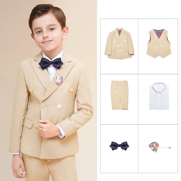 Fashion Beige Long Sleeve Boys Wedding Suits 2022 Coat Pants Shirt Tie Wedding