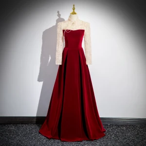 Élégant Bordeaux Perlage Perle En Dentelle Fleur Velours Robe De Bal 2024 Princesse Col Haut Manches Longues Dos Nu Longue Promo Robe De Ceremonie