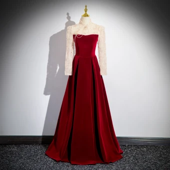 Élégant Bordeaux Perlage Perle En Dentelle Fleur Velours Robe De Bal 2024 Princesse Col Haut Manches Longues Dos Nu Longue Promo Robe De Ceremonie