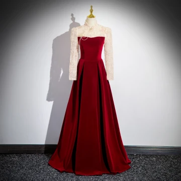 Elegant Burgundy Beading Pearl Lace Flower Velvet Prom Dresses 2024 A Line Princess High Neck Long Sleeve Backless Floor Length Long Prom Formal Dresses
