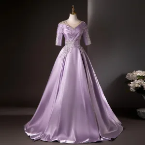 Vintage Retro Elegant Lavender Beading Sequins Prom Dresses 2025 Ball Gown Scoop Neck Short Sleeve Backless Floor Length Long Formal Dresses