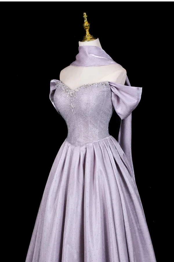 Lovely Lavender Rhinestone Prom Dresses 2026 A-Line / Princess Off-The-Shoulder Short Sleeve Backless Floor-Length / Long Formal Dresses