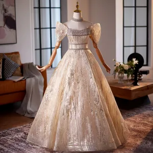 Mooie Prachtige Champagne Rhinestone Galajurken 2025 Baljurk Uit De Schouder Korte Mouwen Ruglooze Lange Gala Gelegenheid Jurken
