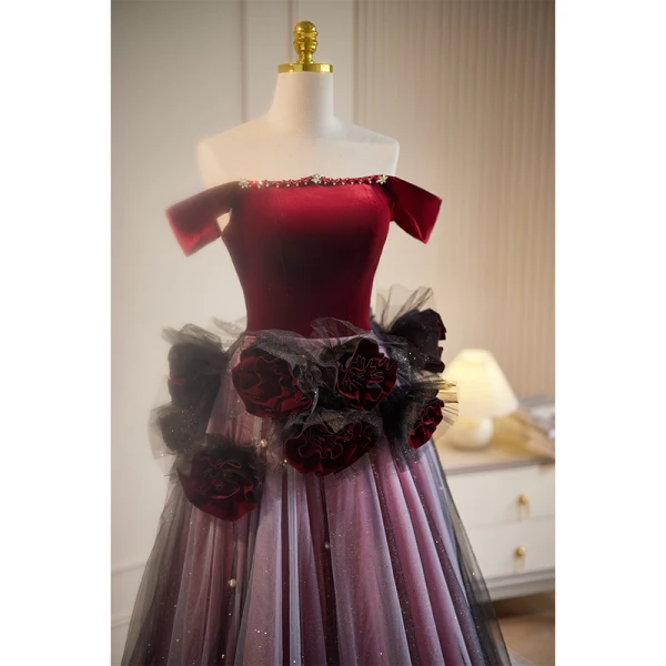 Chic / Beautiful Burgundy Sequins Appliques Prom Dresses 2023 A-Line / Princess Off-The-Shoulder Rhinestone Sleeveless Backless Floor-Length / Long Prom Formal Dresses