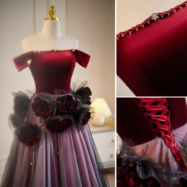 Chic / Beautiful Burgundy Sequins Appliques Prom Dresses 2023 A-Line / Princess Off-The-Shoulder Rhinestone Sleeveless Backless Floor-Length / Long Prom Formal Dresses