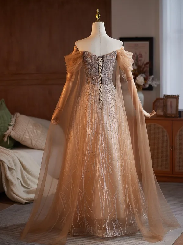 Sparkly Champagne Beading Sequins Prom Dresses 2025 A-Line / Princess Off-The-Shoulder Short Sleeve Backless Floor-Length / Long Prom Formal Dresses