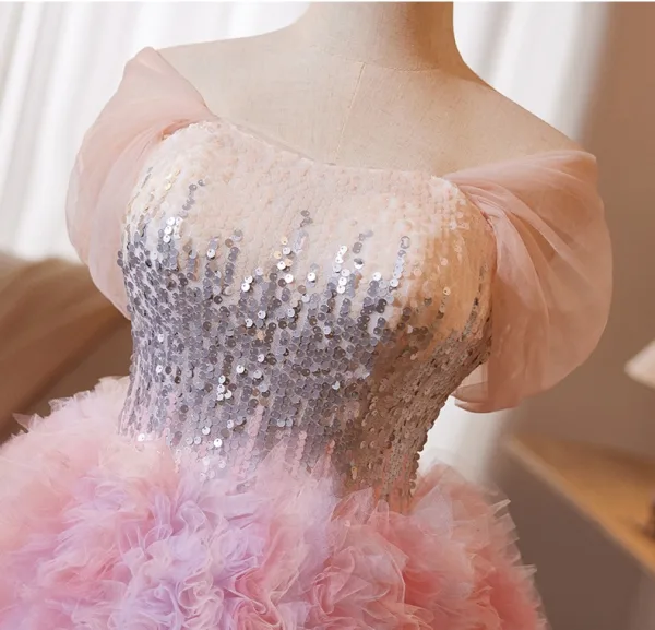 Lovely Blushing Pink Sequins Pleated Prom Dresses 2024 Ball Gown Off-The-Shoulder Sleeveless Backless Prom Formal Dresses