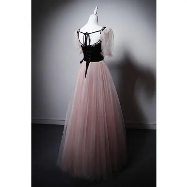 Chic / Beautiful Blushing Pink Rhinestone Prom Dresses 2025 A-Line / Princess Square Neckline Short Sleeve Backless Bow Sash Floor-Length / Long Prom Formal Dresses