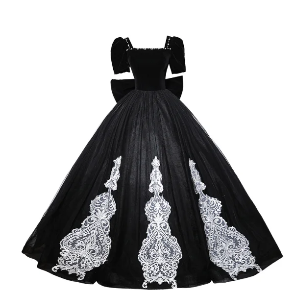 Elegant Black Lace Flower Prom Dresses 2023 Ball Gown Square Neckline Short Sleeve Backless Bow Floor-Length / Long Prom Formal Dresses