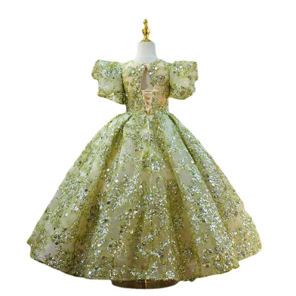 Bling Bling Vert Perlage Paillettes Anniversaire Robe Ceremonie Fille 2024 Robe Boule Encolure Dégagée Gonflée Manches Courtes Longue