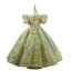 Bling Bling Vert Perlage Paillettes Anniversaire Robe Ceremonie Fille 2024 Robe Boule Encolure Dégagée Gonflée Manches Courtes Longue