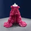 High-end Fashion Fuchsia Beading Pearl Rhinestone Sequins Cascading Ruffles Prom Dresses 2022 A-Line / Princess Asymmetrical Scoop Neck Short Sleeve Prom