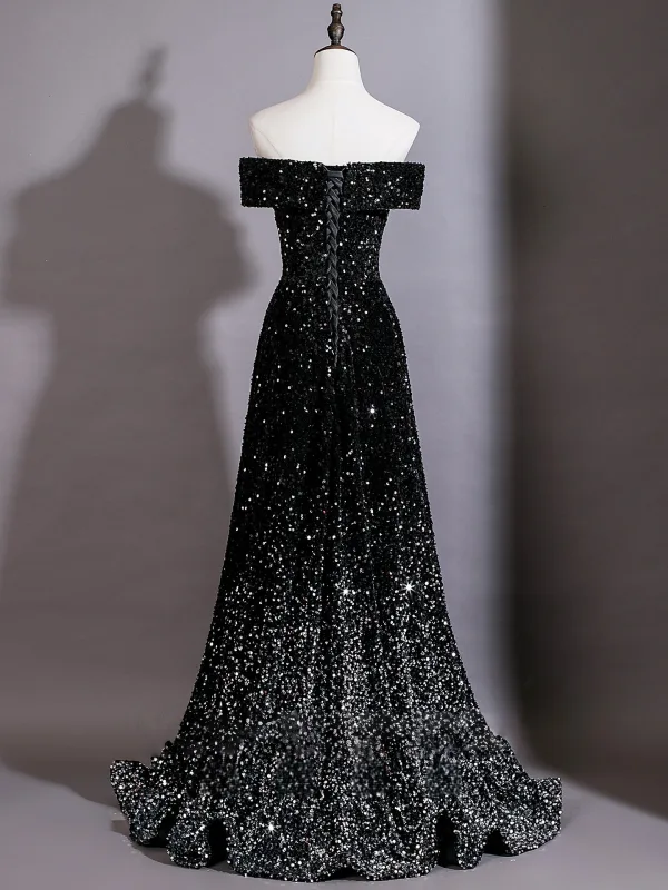 Dazzling Black Sequins Evening Dresses 2026 A-Line / Princess Off-The-Shoulder Short Sleeve Backless Sweep Train