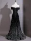 Dazzling Black Sequins Evening Dresses 2026 A-Line / Princess Off-The-Shoulder Short Sleeve Backless Sweep Train