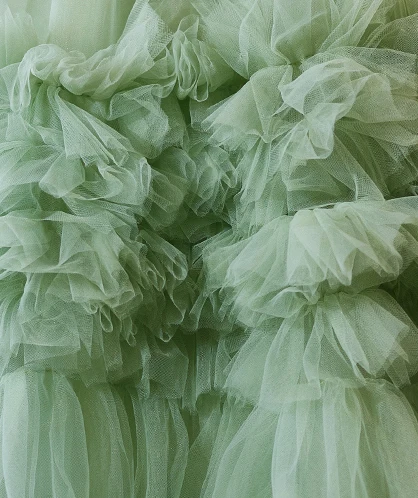 Chic / Beautiful Sage Green Cascading Ruffles Pleated Prom Dresses 2024 Ball Gown Off-The-Shoulder Short Sleeve Backless Sweep Train Prom Formal Dresses